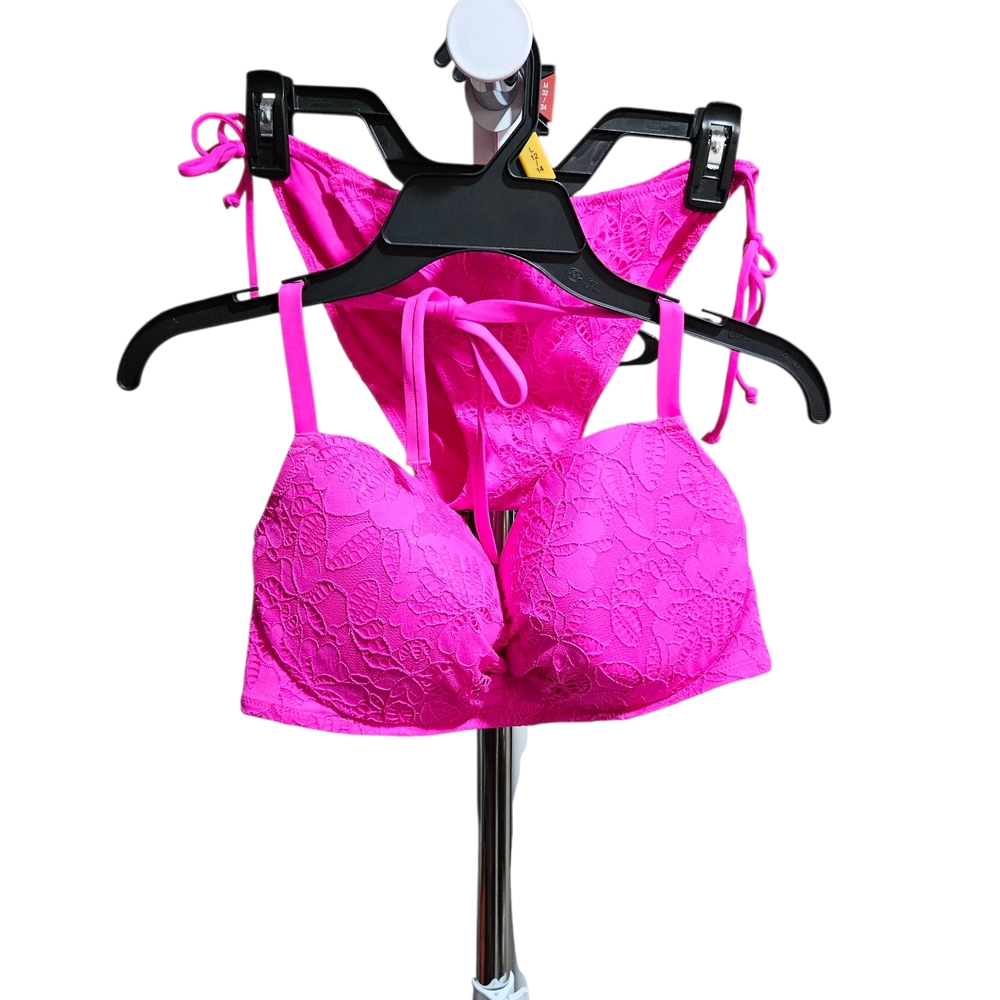 Victoria's Secret Bright Pink Bikini Set 36DD Top & L Bottoms Nwot